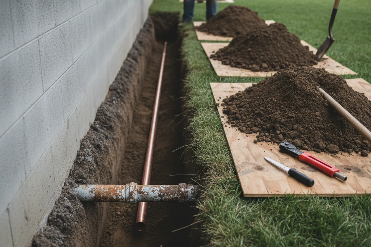 Excavated water line trench during Water Softener Installation in South Prairie